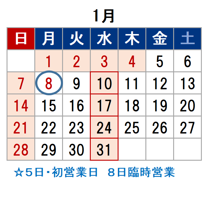 尾崎商店2024年1月の休業日